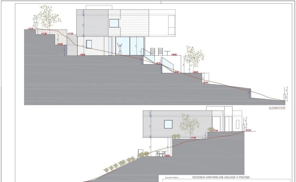 Architectural elevation drawing of a modern villa on a sloped plot, featuring tiered levels, cantilevered volumes, and integrated outdoor stairs.