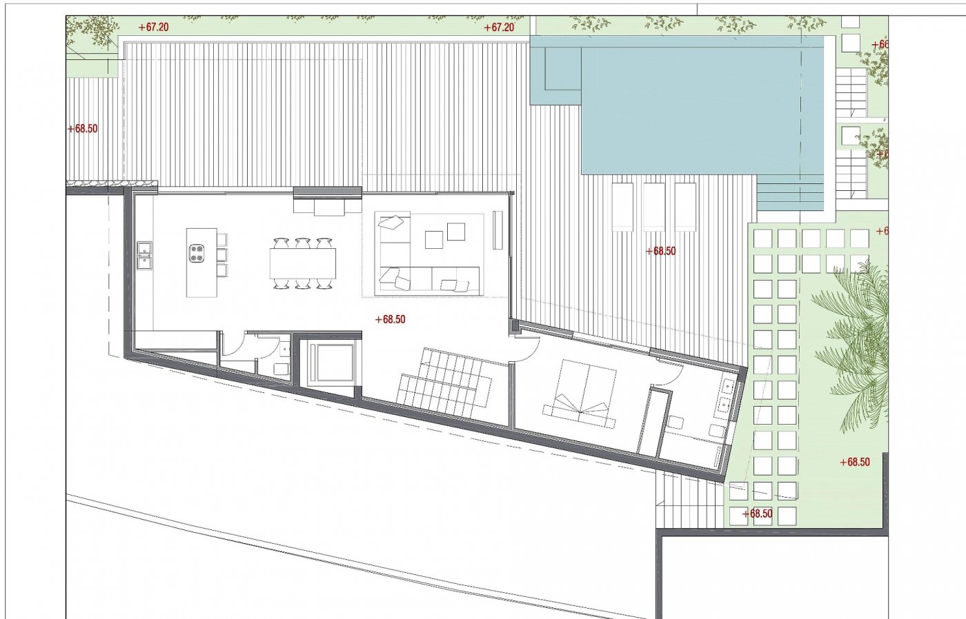Detailed architectural floor plan featuring an open-plan kitchen and living area, a master suite, and a spacious terrace with a private pool and wooden decking.