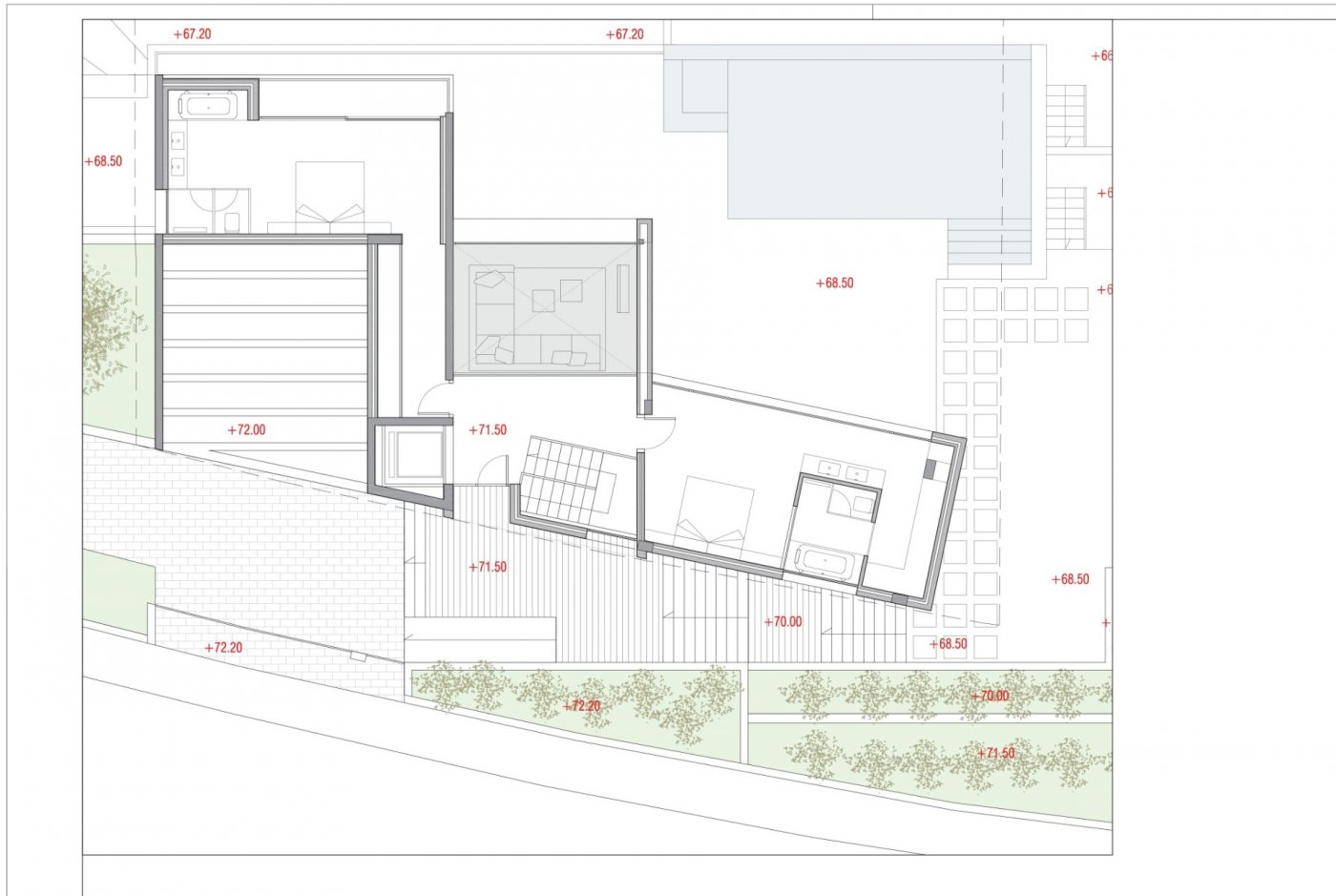Detailed architectural floor plan showing two bedroom suites, a central living area, and an expansive terrace with a private pool and elevation markers.