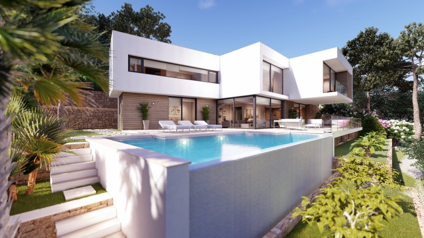 Exterior view of a modern villa with an infinity pool, white geometric architecture, and wooden cladding. The terrace features sun loungers and Mediterranean landscaping.