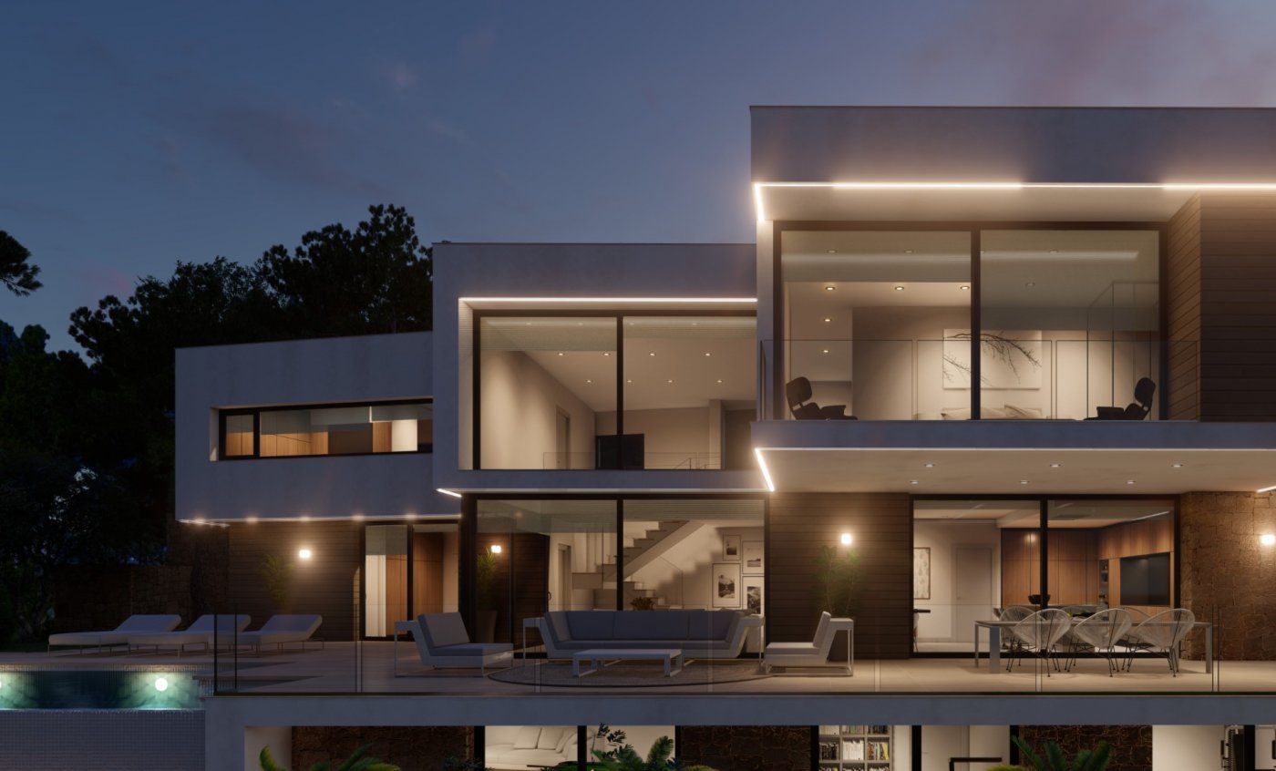 Modern multi-level villa facade at dusk featuring integrated LED lighting, expansive glass walls, a terrace with lounge seating, and views of the interior staircase.