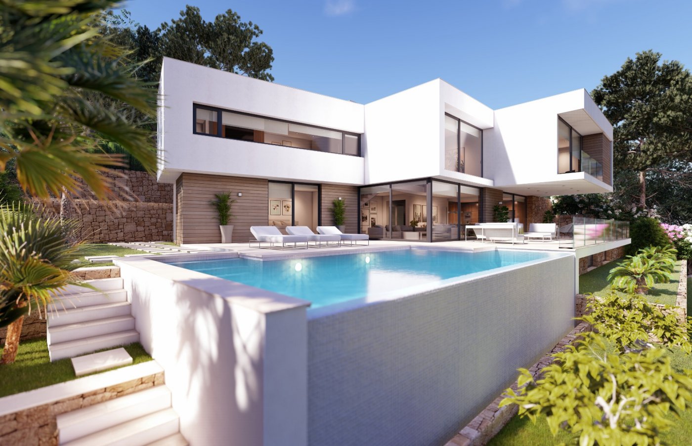 Modern two-story villa with white geometric volumes, wooden cladding, and an infinity pool. The terrace features sun loungers and glass railings overlooking a lush garden.
