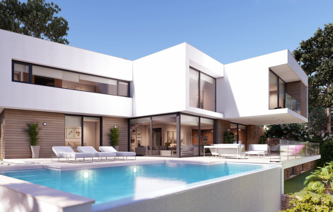 Modern villa exterior featuring white cubist volumes, wood-paneled accents, and an infinity pool. The terrace includes sleek sun loungers and glass-enclosed living areas.