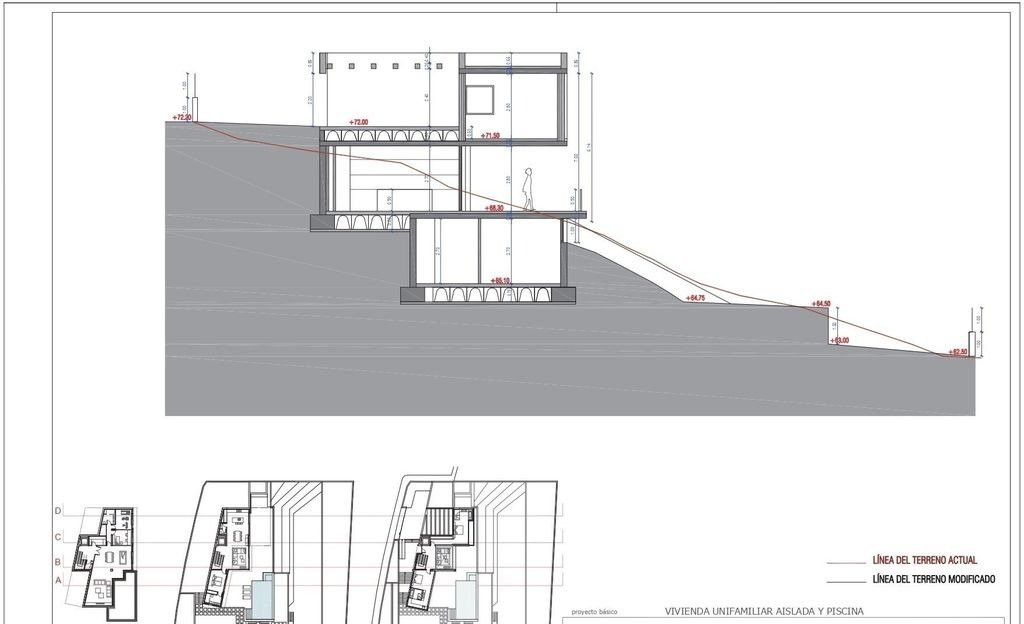 Technical architectural cross-section and floor plans of a three-level detached villa with a pool, showing terrain integration and structural elevations.