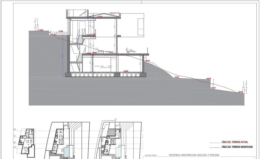 Technical architectural section and floor plan layouts of a single-family home on a sloped plot, detailing vertical levels, stairs, and site integration.