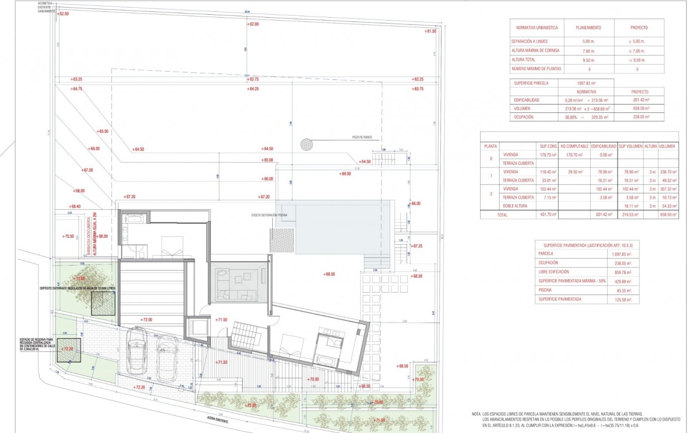 Technical site plan and layout for villa V502, showing topographical levels, outdoor areas with a pool, and detailed urban regulation surface tables.