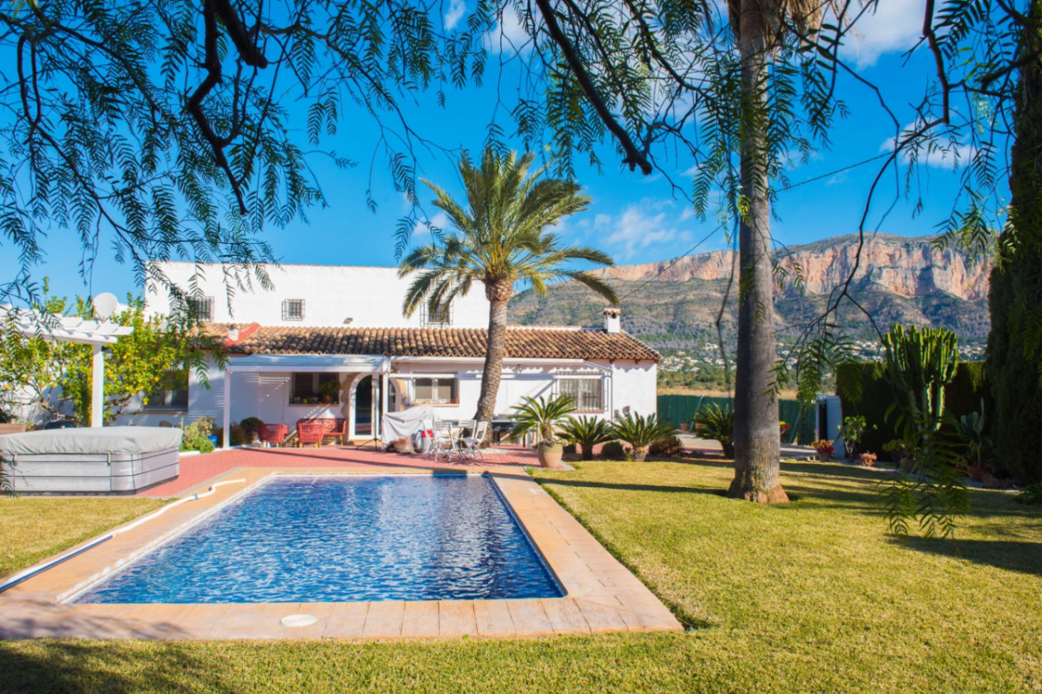 Exterior view featuring a rectangular swimming pool, lawn, and palm trees with the Montgó mountain in the background. The white villa includes a terracotta roof and a side jacuzzi.