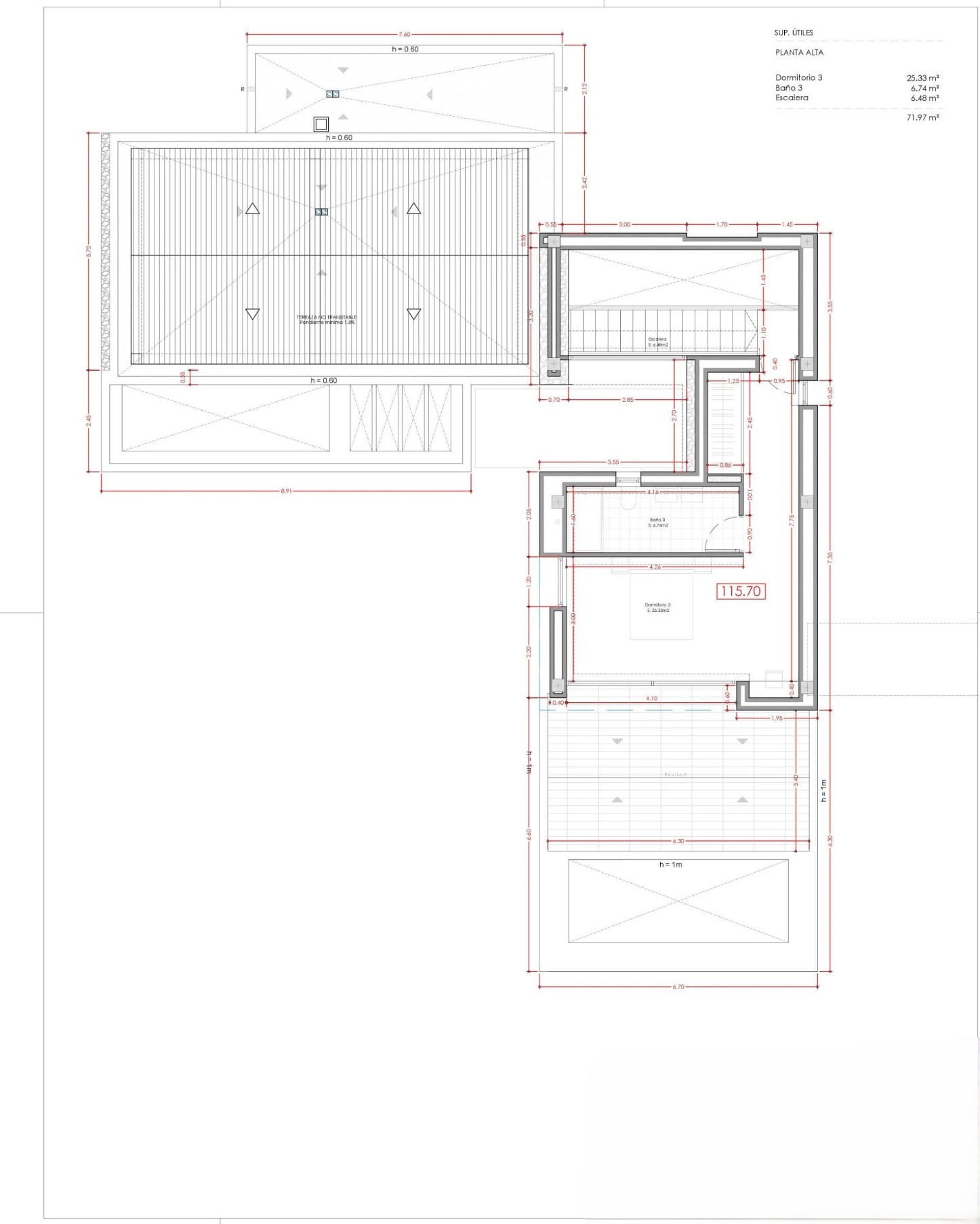 Architectural floor plan of the upper floor showing Bedroom 3 with an en-suite bathroom, a staircase, and detailed dimensions for a total of 71.97 m².