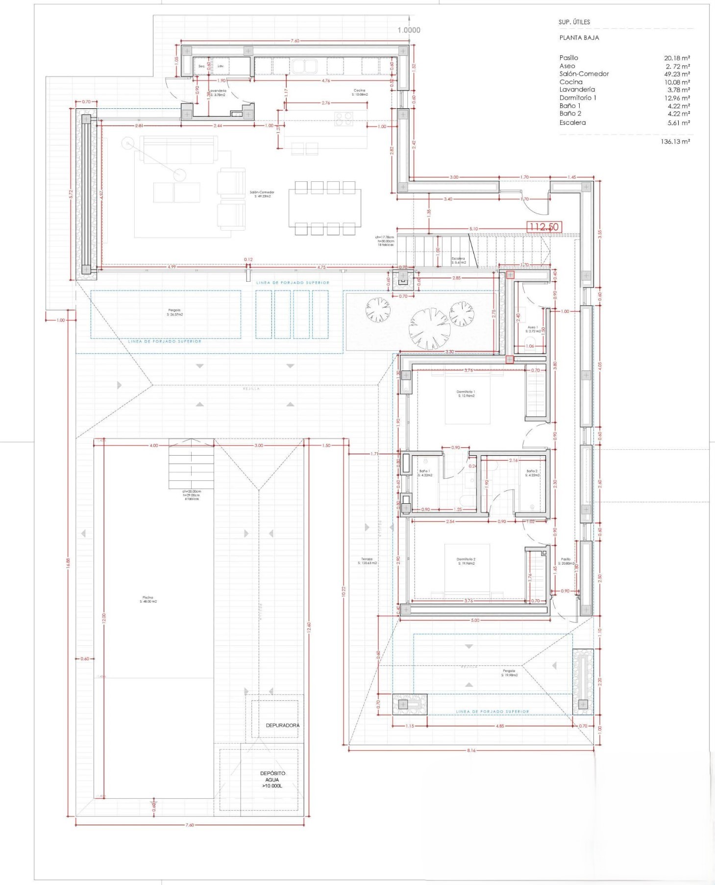 Detailed ground floor plan showing a 49sqm living-dining area, integrated kitchen, two en-suite bedrooms, and a 48sqm swimming pool with surrounding terraces.