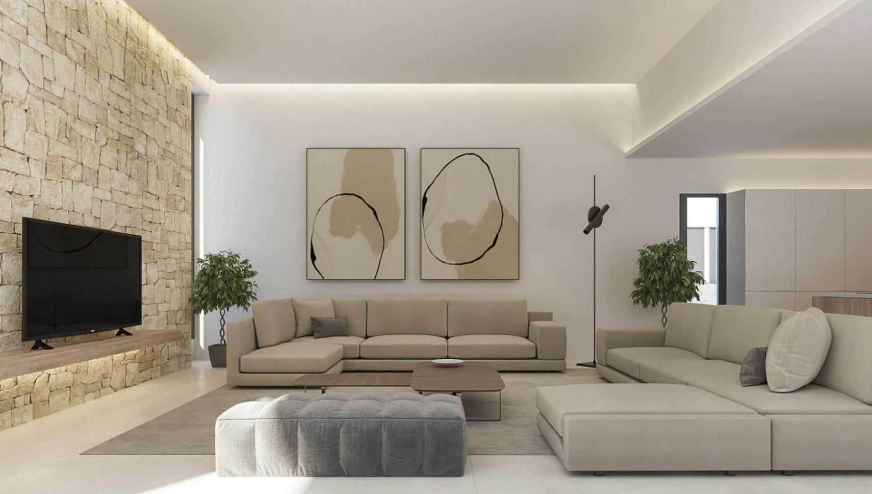 Modern living area featuring a natural stone accent wall, recessed LED ceiling lighting, and spacious beige modular sofas with minimalist art.