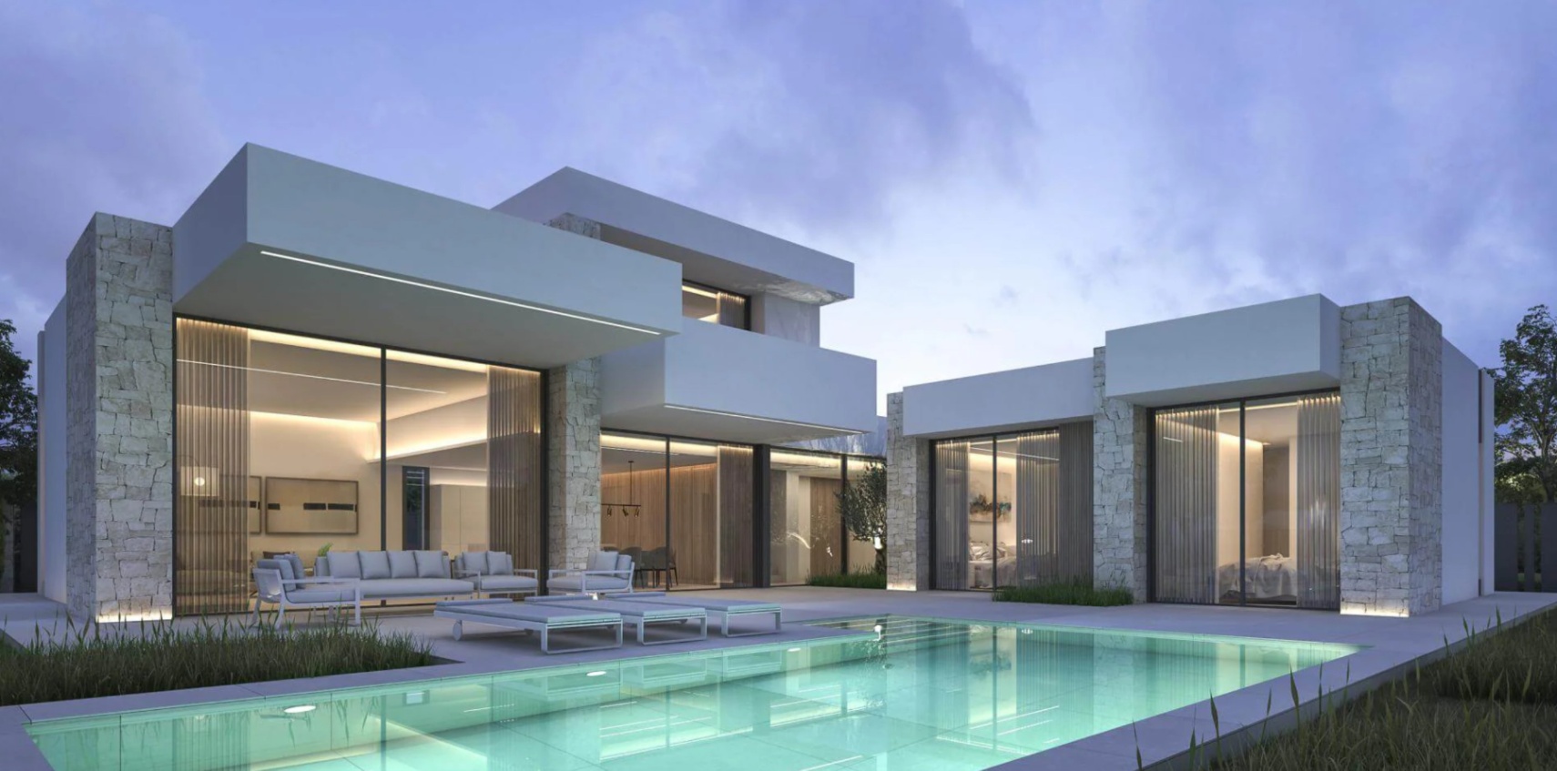 Modern villa exterior at dusk featuring a turquoise pool, stone-clad walls, and large glass facades illuminating the lounge area.
