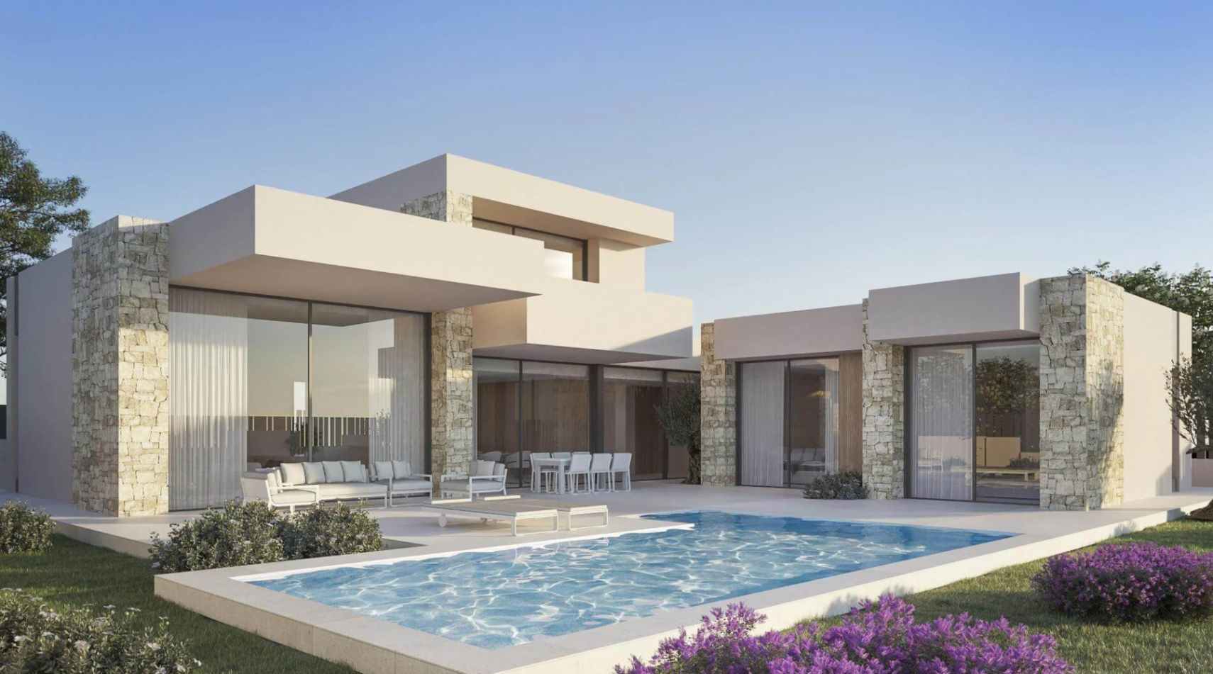 Modern villa exterior featuring a private pool, natural stone walls, and large glass facades. Includes an integrated outdoor lounge and dining area on a paved terrace.