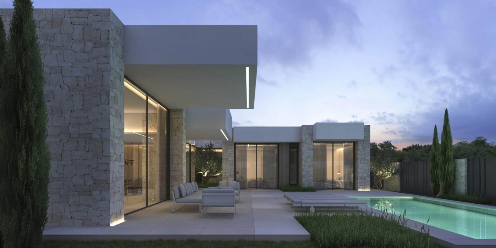 Modern villa exterior featuring dry stone walls, cantilevered roofs with LED lighting, a tiled terrace with lounge furniture, and a swimming pool at dusk.