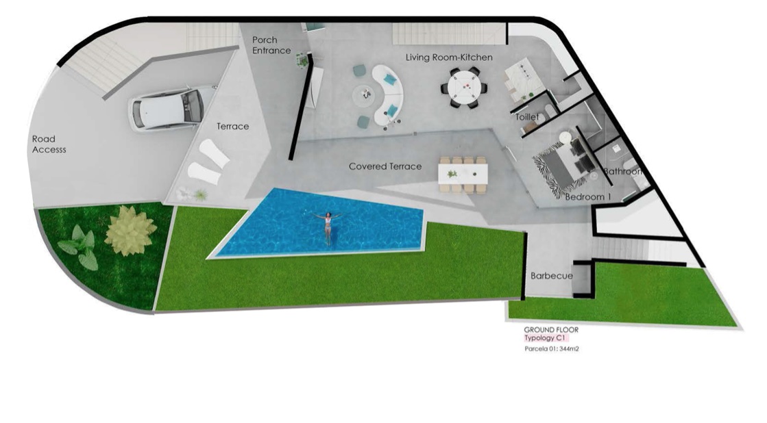Detailed 2D floor plan of the ground floor showing an open-plan living area, master suite, covered terrace, and private pool set within a 344m2 plot.