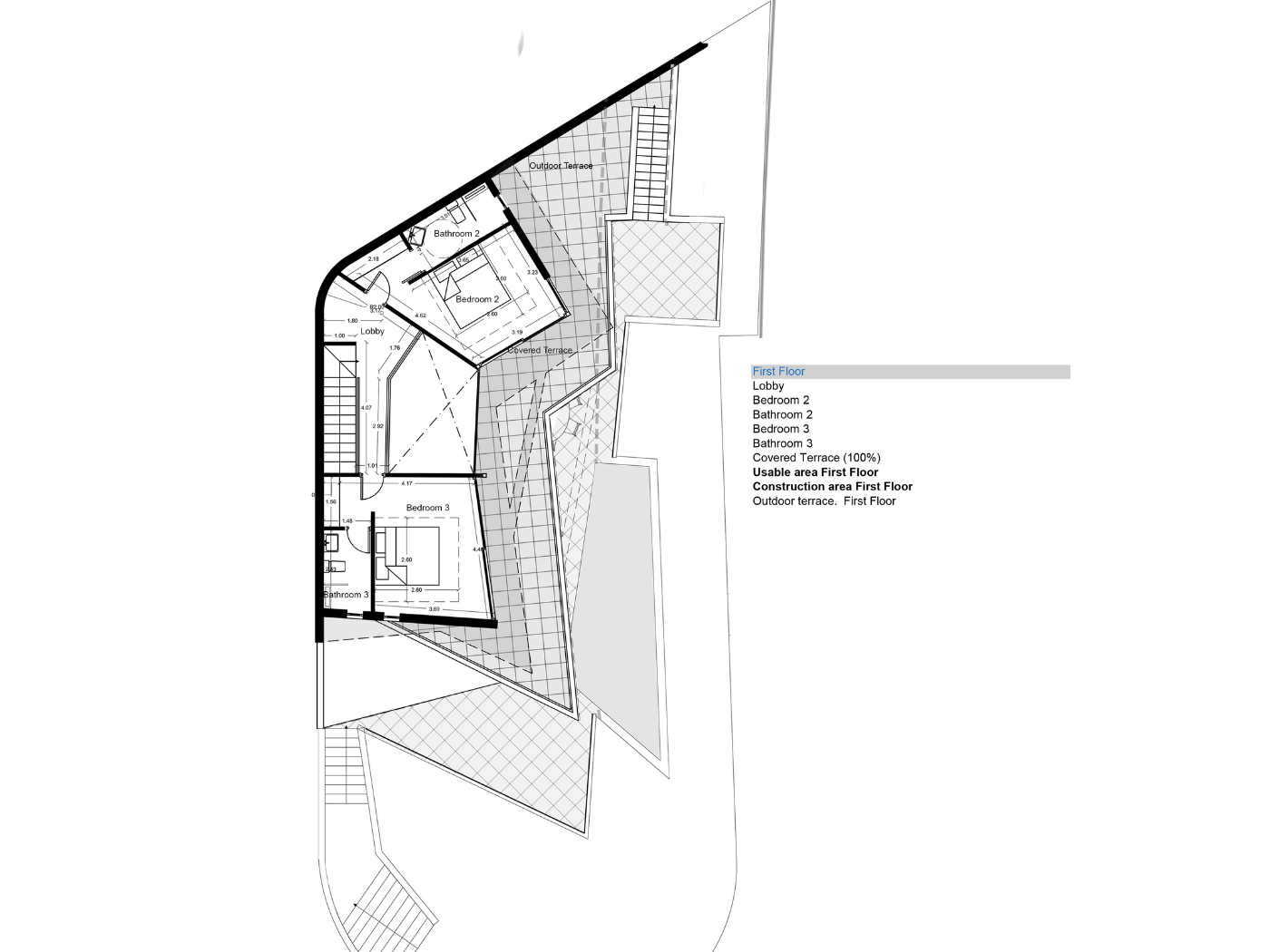 Detailed architectural floor plan of the first floor showing two en-suite bedrooms, a lobby, and large angular covered and outdoor terraces.