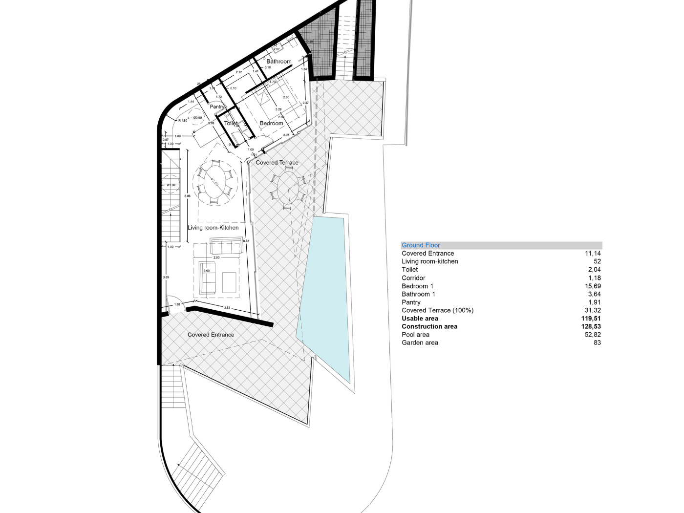Detailed architectural floor plan of the ground floor featuring an open living-kitchen, one bedroom, and a spacious terrace with a 52m² private pool.