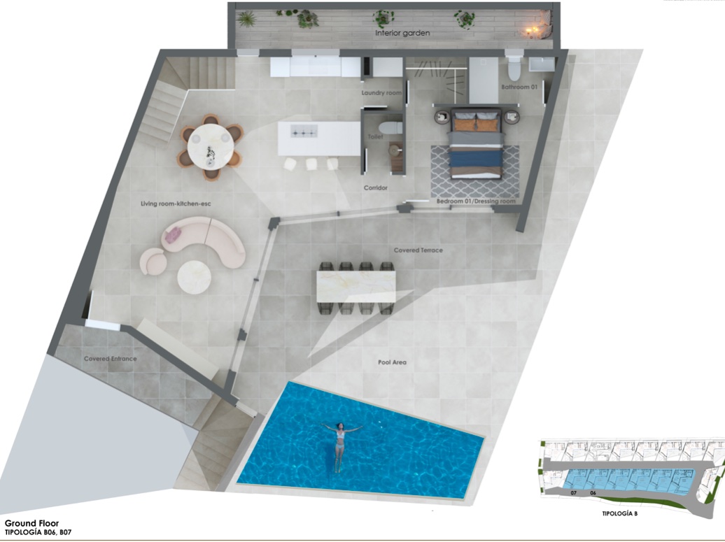 Detailed floor plan of a ground-floor residence featuring an open-plan living area, a master suite with dressing room, and a terrace with a private pool.