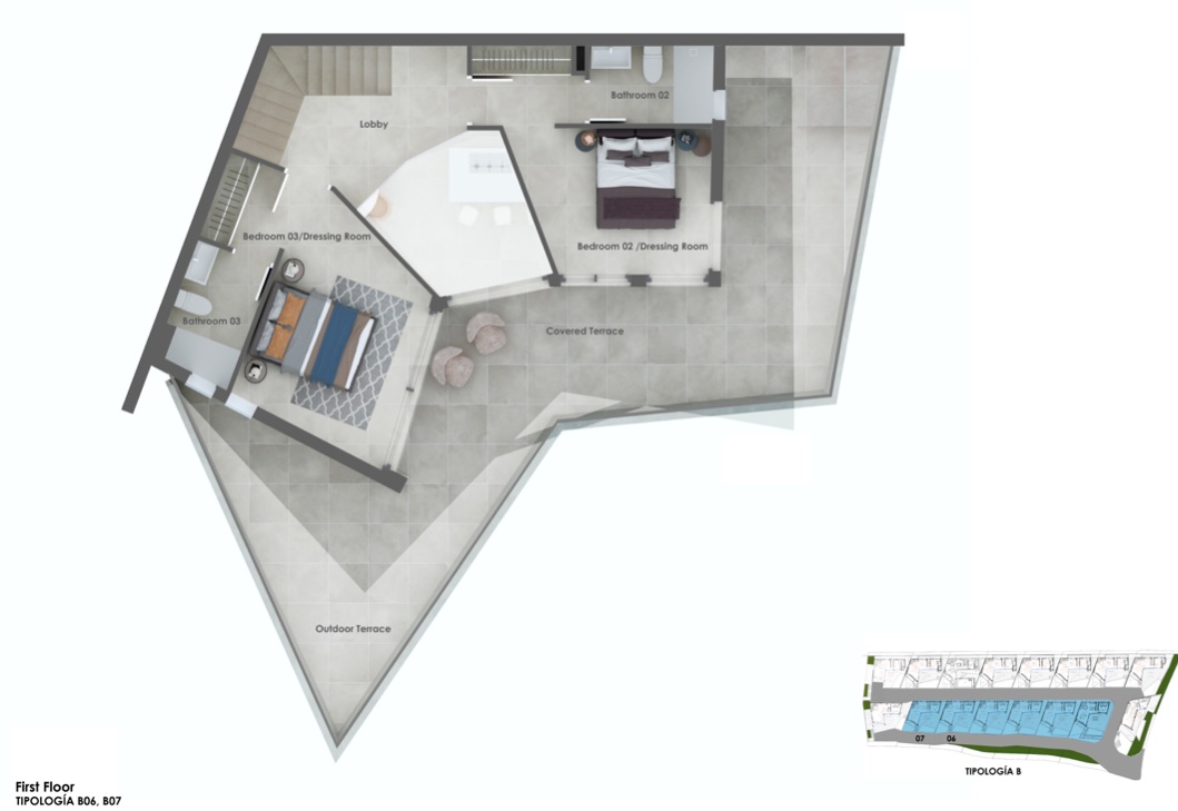 Detailed floor plan of the first floor, featuring two bedrooms with dressing areas, en-suite bathrooms, and a large triangular outdoor terrace.
