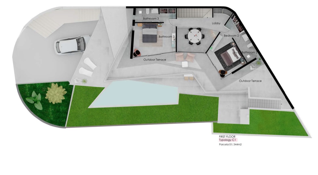 Detailed floor plan of the first floor featuring two ensuite bedrooms, a central lobby, and expansive outdoor terraces with a private pool and garden areas.