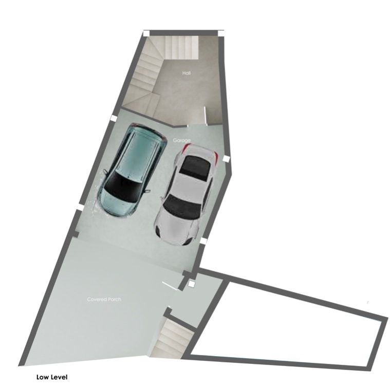 Floor plan of the low level featuring a double garage, a spacious covered porch, and a hall with access to the upper floors via internal stairs.