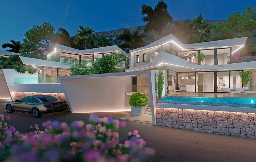 Modern multi-level villa at dusk featuring angular white architecture, integrated LED perimeter lighting, and an infinity pool with natural stone cladding.