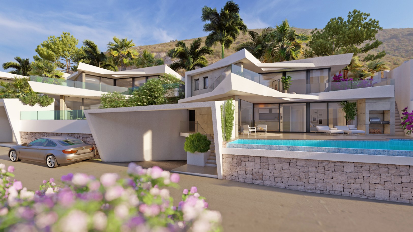 Modern multi-level villa featuring angular white architecture, an infinity pool with stone cladding, and glass terraces overlooking a hillside with palm trees.