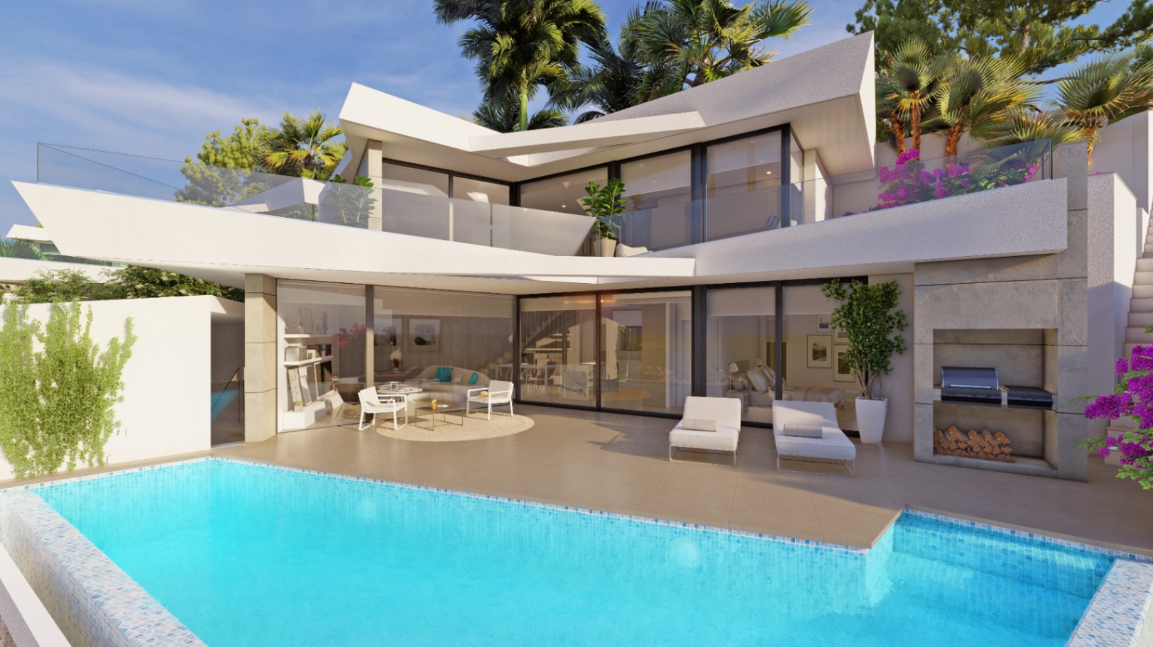 Modern two-story villa featuring a turquoise mosaic pool, stone terrace with sun loungers, and a built-in outdoor BBQ station framed by tropical greenery.