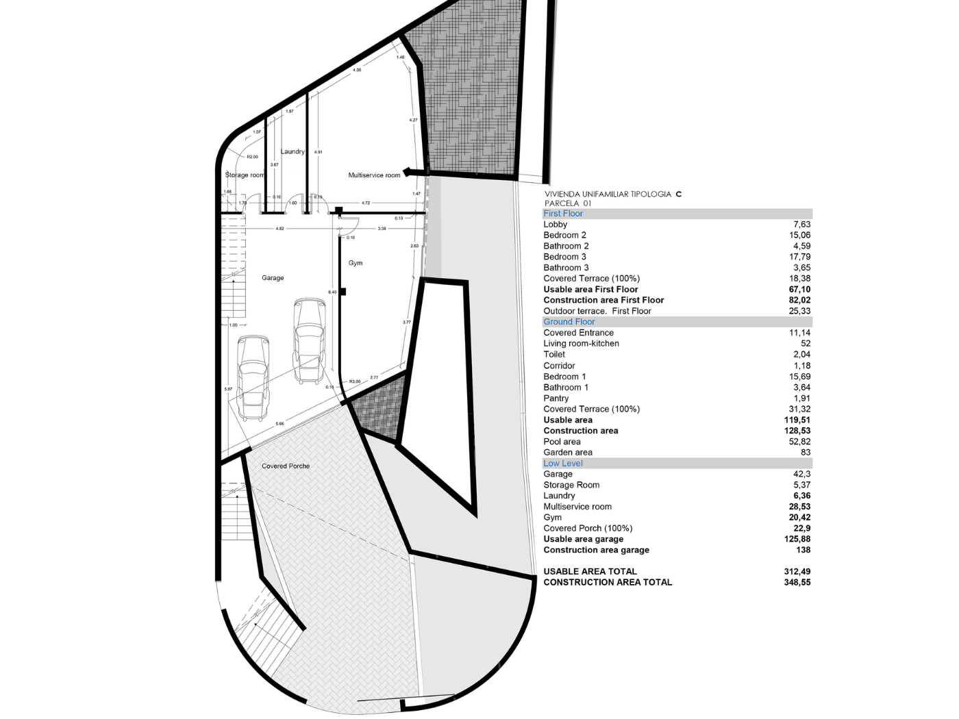 Technical floor plan of the lower level showing the double garage, private gym, laundry room, and storage areas with a detailed surface breakdown.