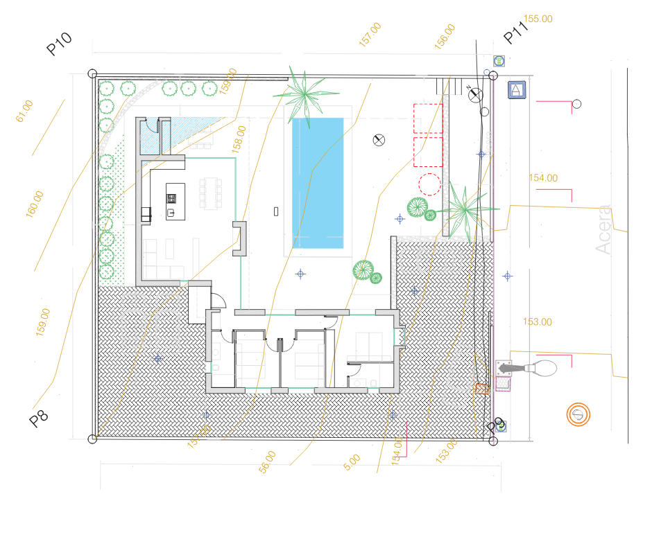 Architectural site plan of a villa featuring a rectangular pool, open-plan kitchen and living area, three bedrooms, and topographical contour lines for terrain elevation.