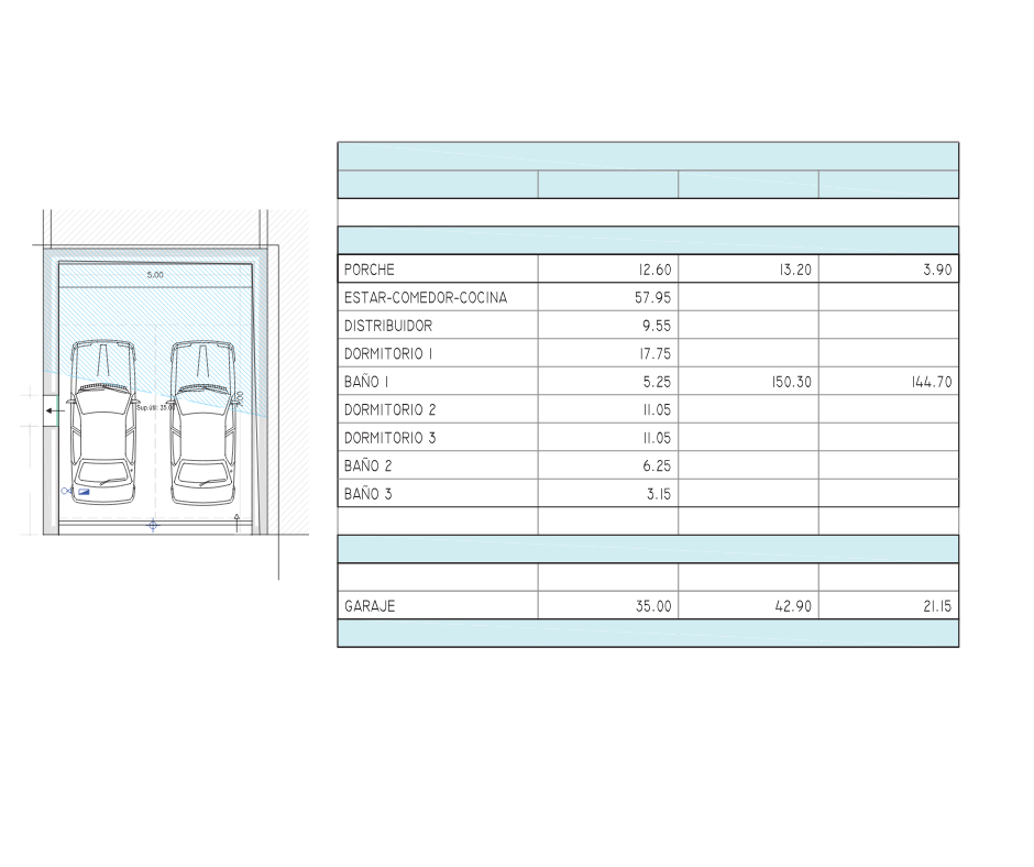 Detailed floor plan showing a double garage layout alongside a comprehensive surface area table for a residential property.