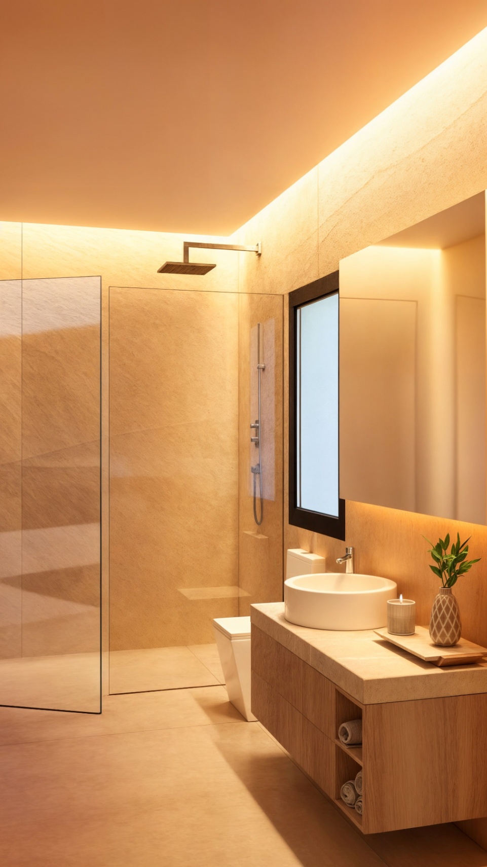 Modern bathroom featuring a walk-in glass shower, floating wooden vanity with a circular vessel sink, and warm recessed LED lighting against textured stone walls.