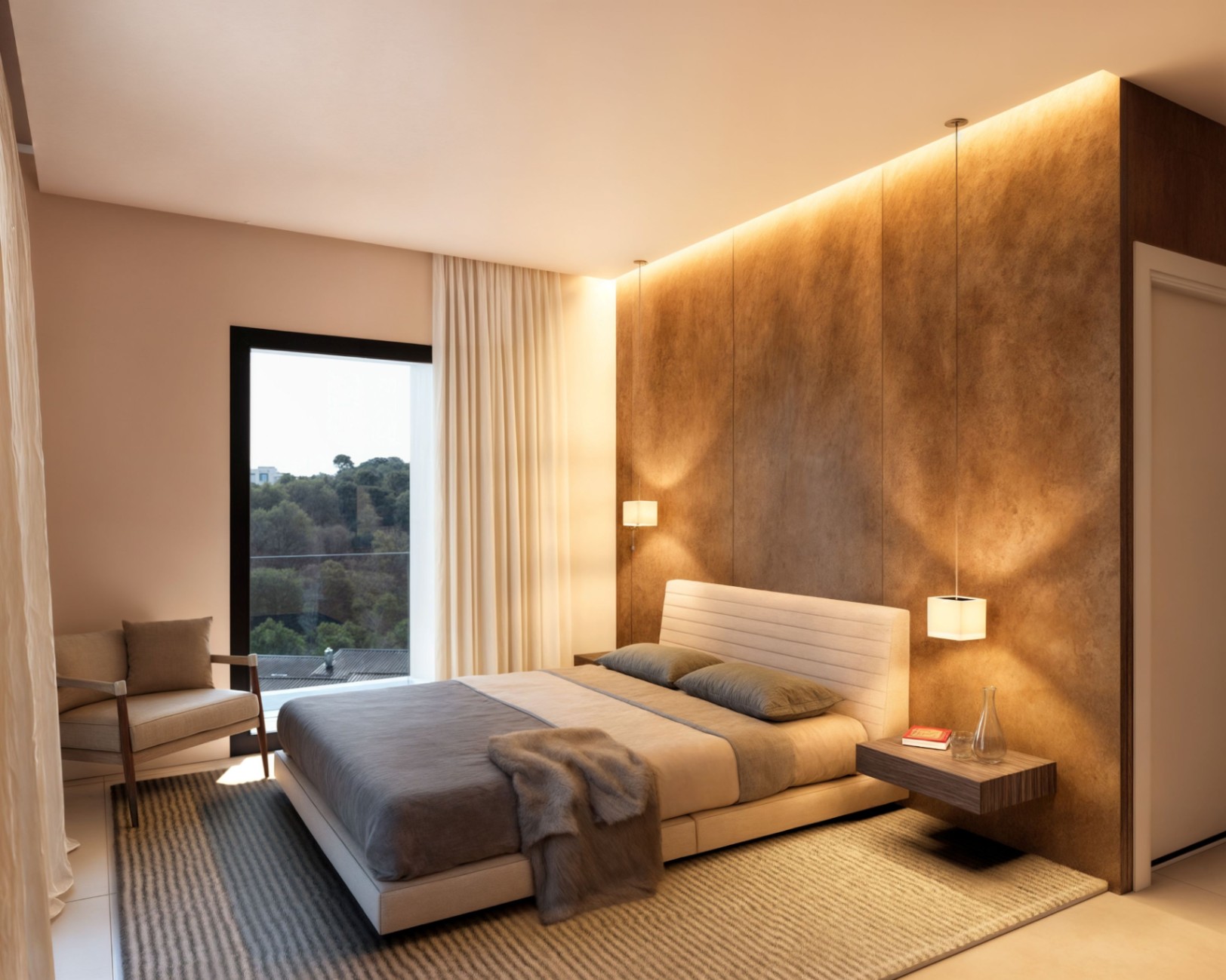 Modern bedroom featuring a textured bronze accent wall with integrated LED lighting, floating wooden nightstands, and floor-to-ceiling windows with forest views.