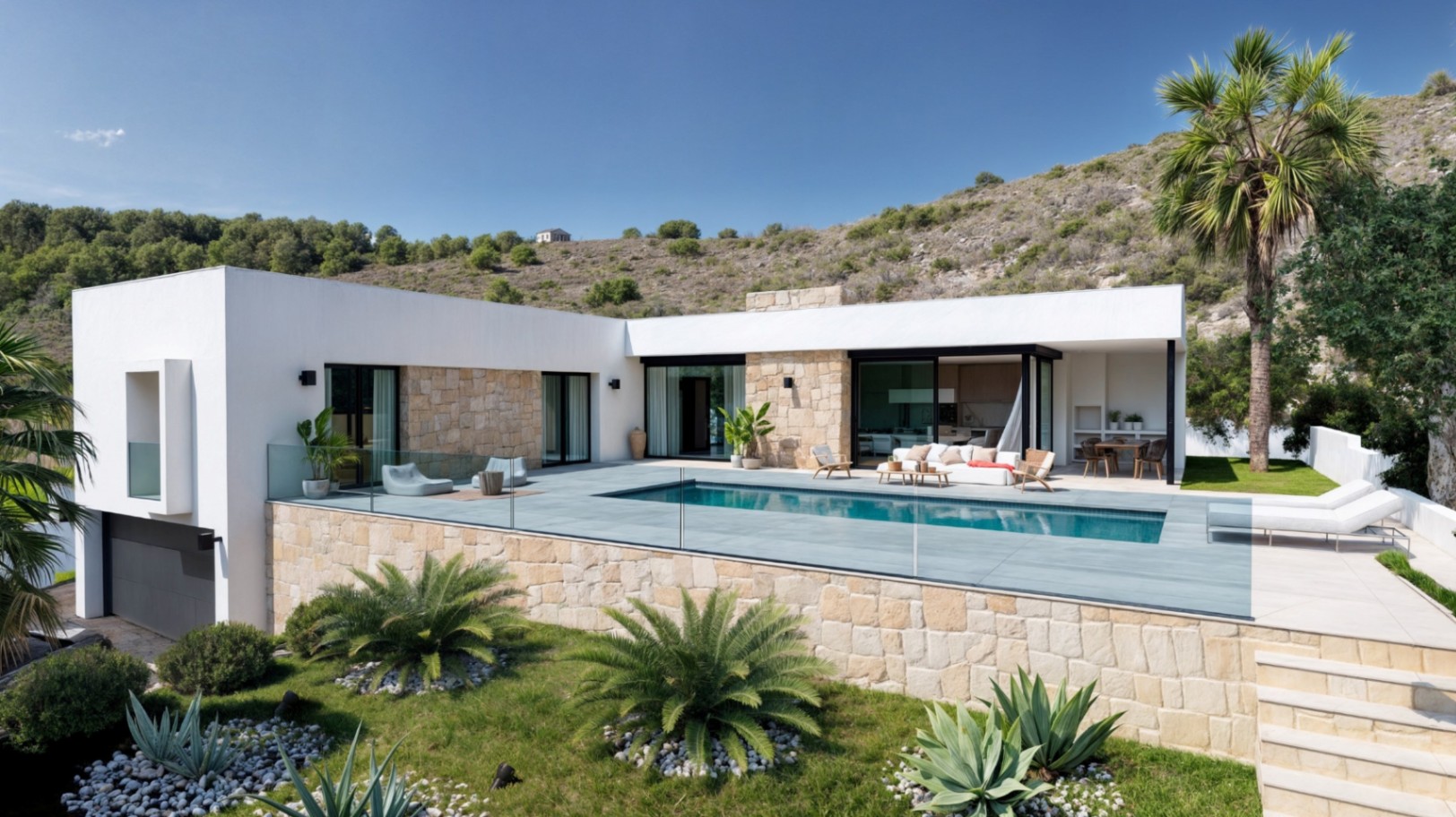Modern L-shaped villa featuring natural stone walls, an elevated terrace with a rectangular pool, and a Mediterranean garden with palms and agaves.