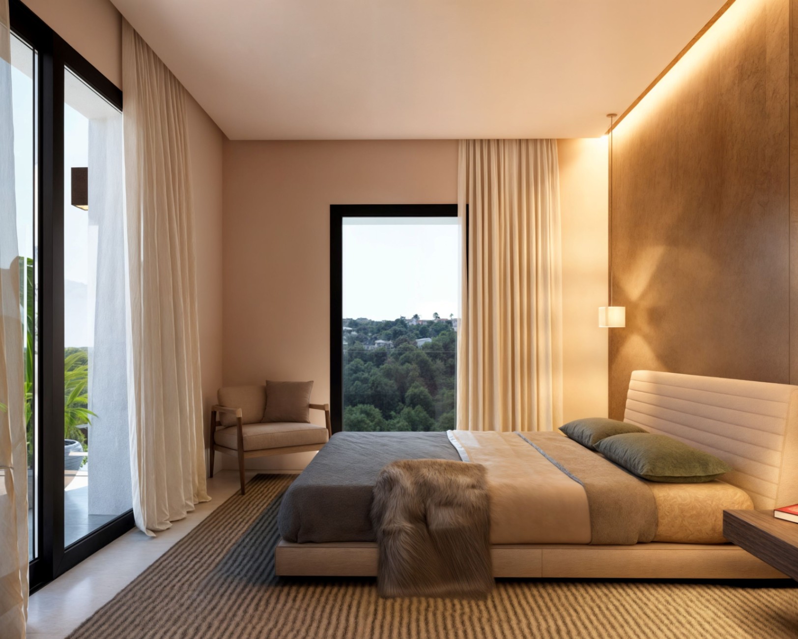 Modern master bedroom featuring a textured accent wall with integrated LED lighting, large glass doors to a terrace, and views of a lush forest landscape.