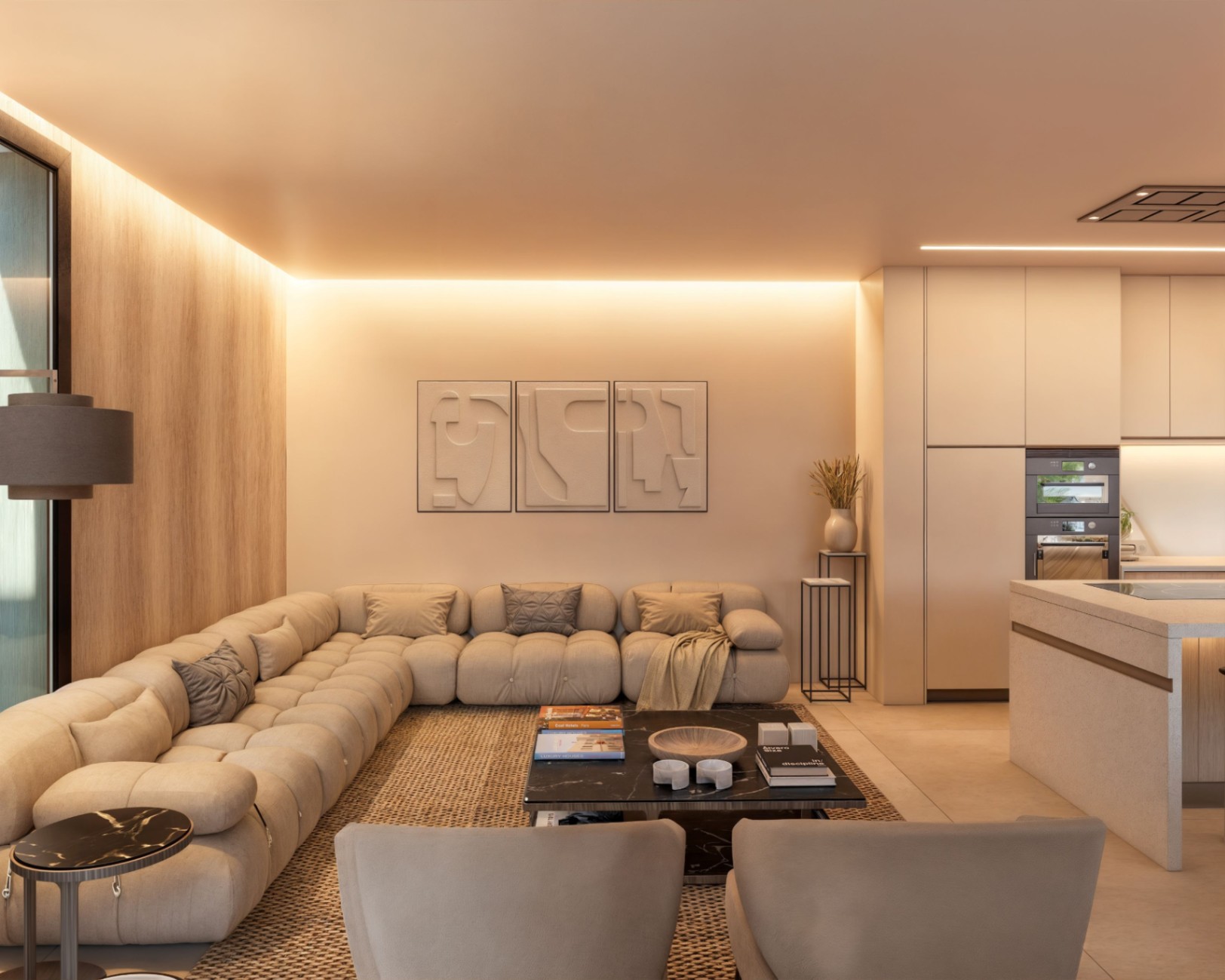 Modern open-plan living area featuring a modular tufted sofa, black marble coffee table, and integrated kitchen with minimalist cabinetry and warm LED perimeter lighting.