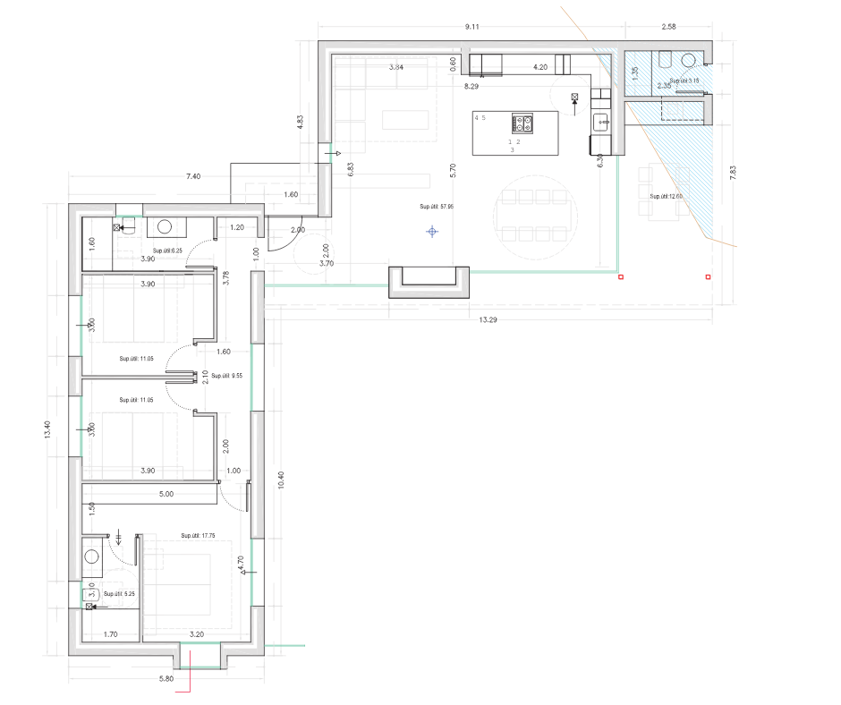 Technical floor plan illustrating a modern L-shaped layout with a 57.95m² open living area, three bedrooms, and a 12.60m² terrace with outdoor seating.