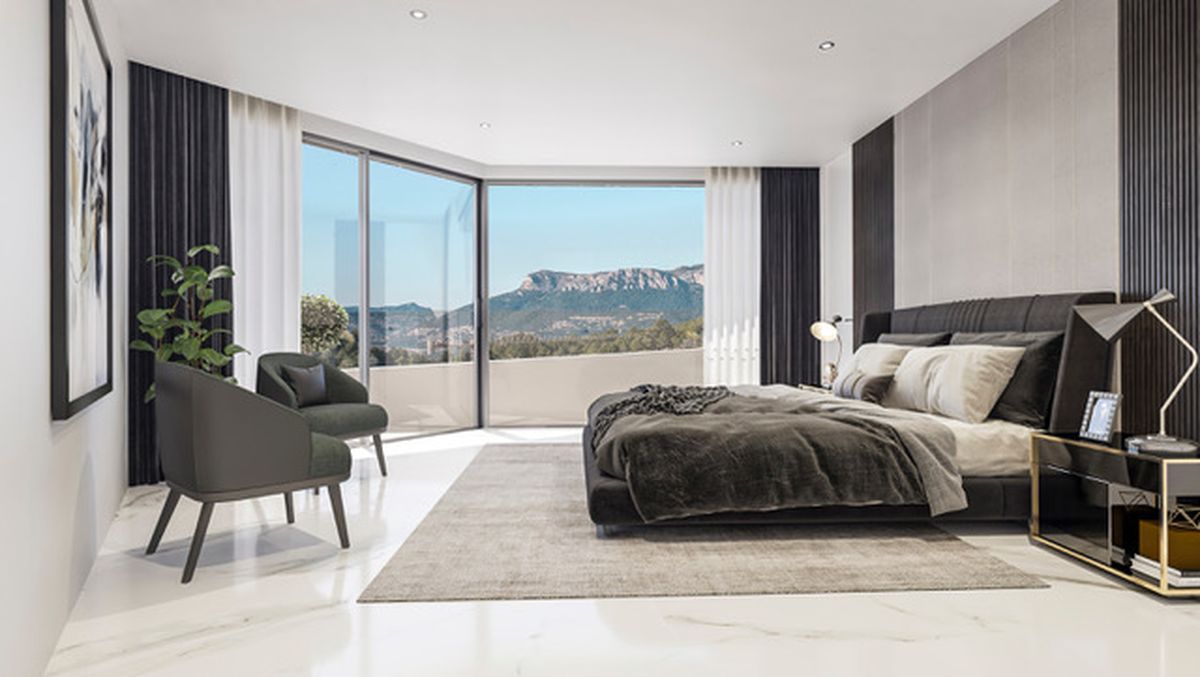 Modern master bedroom featuring marble floors, floor-to-ceiling corner windows with mountain views, and a minimalist design with an upholstered bed.