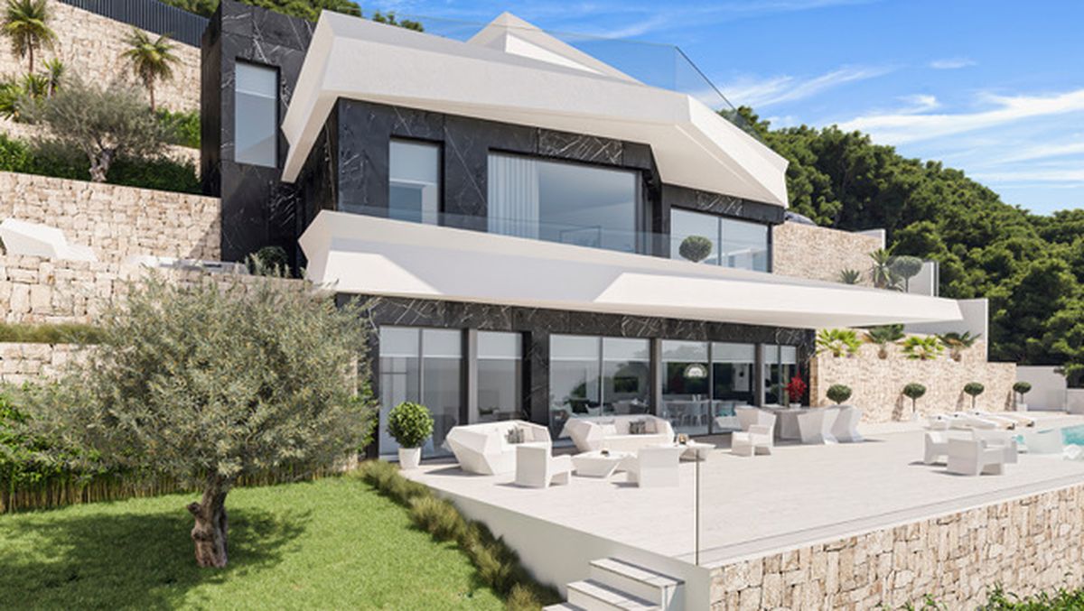 Modern multi-level villa featuring black marble facades, white architectural overhangs, and a spacious terrace with geometric furniture and glass railings.
