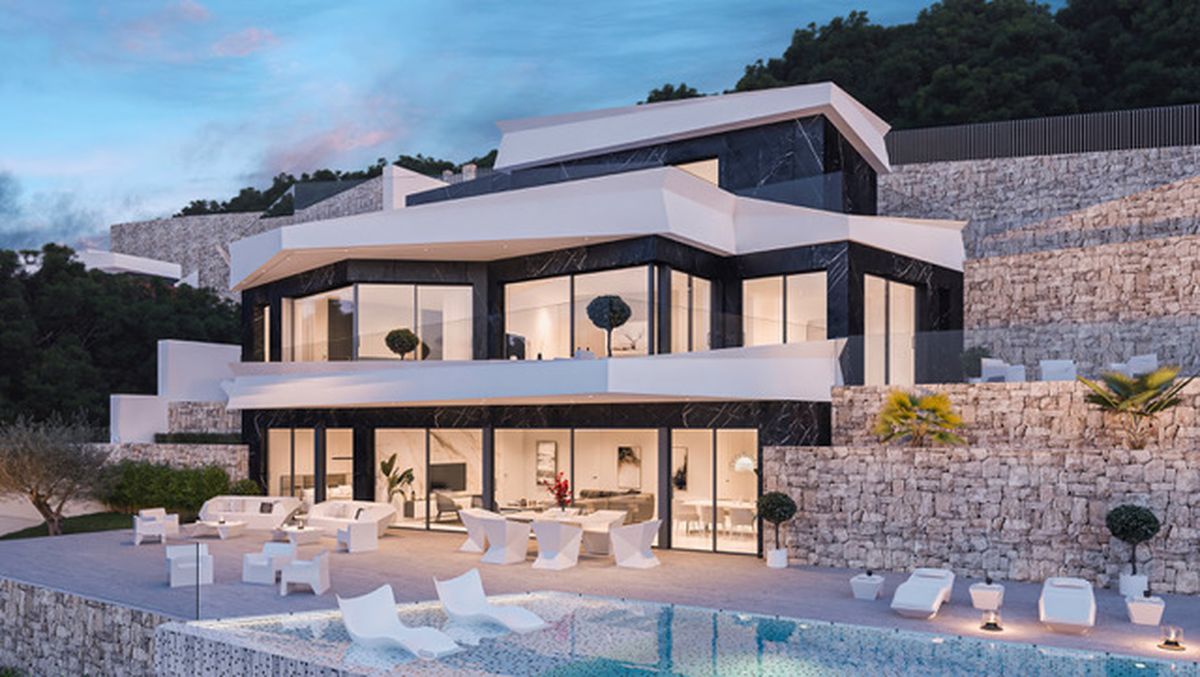 Modern three-level villa featuring black marble facades, white architectural overhangs, a spacious terrace with designer furniture, and an infinity pool set against stone walls.