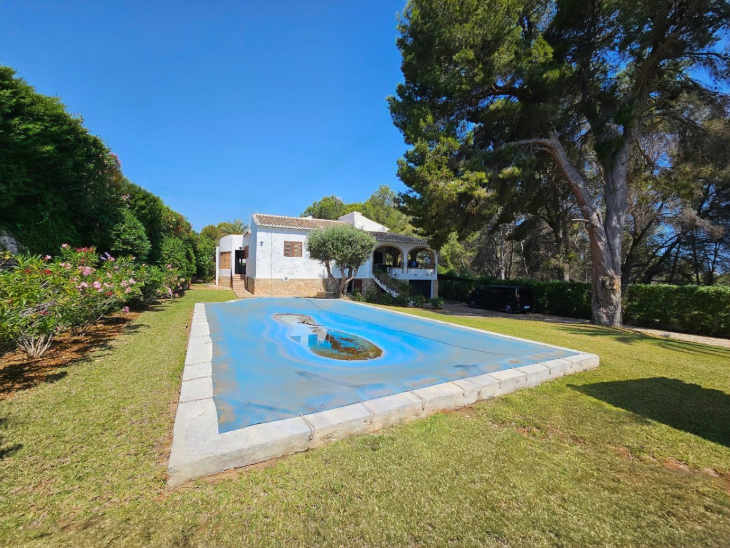 Mediterranean villa with white facade and arched terrace, featuring a rectangular swimming pool with a blue cover, surrounded by a lawn and mature pine trees.