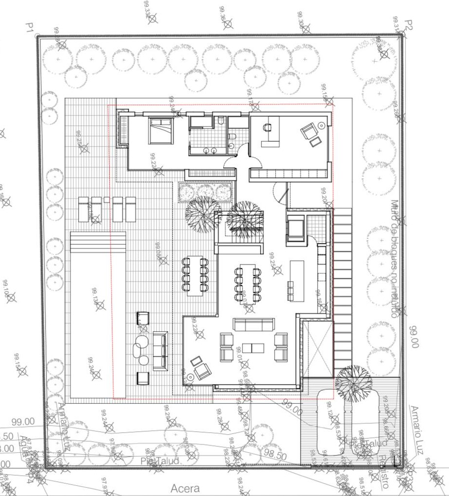 Architectural site plan of a modern villa featuring a private pool, sun deck, open-plan living spaces, and landscaped perimeter with dual parking.