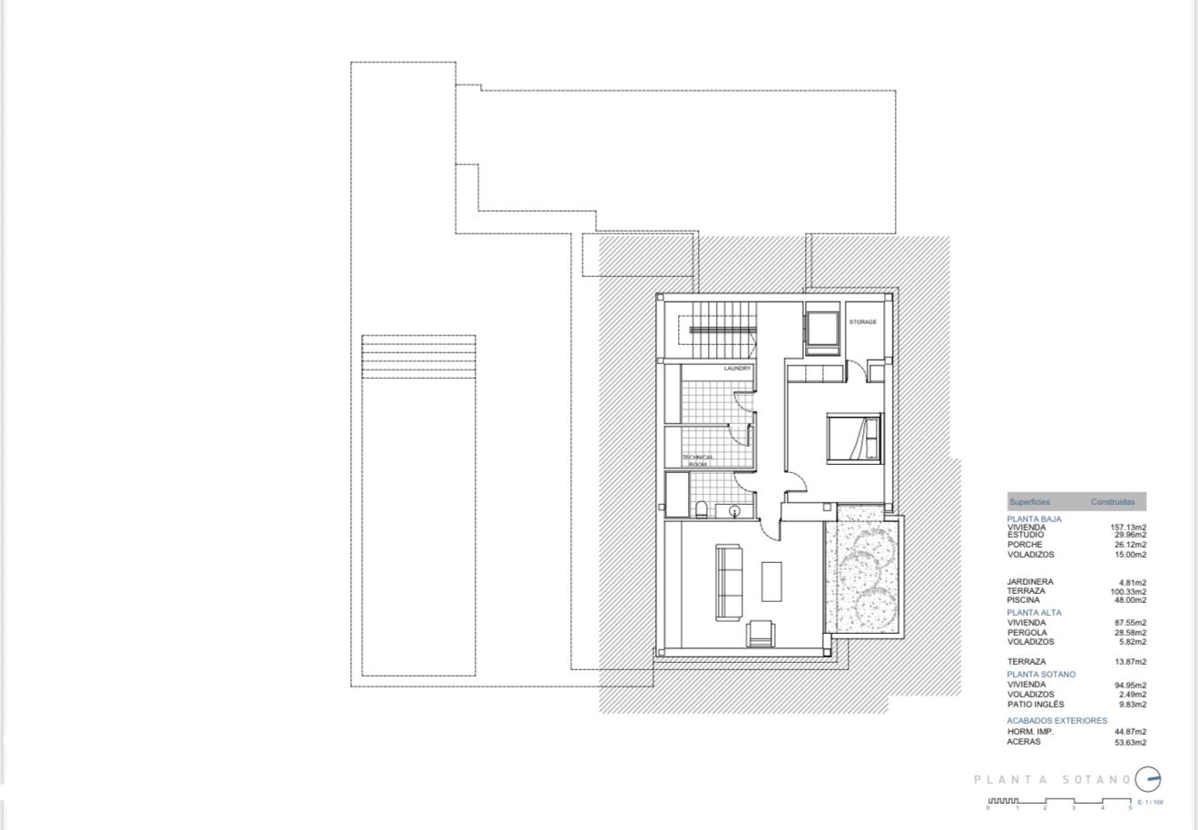 Detailed architectural floor plan of the basement level, featuring a laundry room, technical area, storage, living space, and an integrated English patio for natural light.
