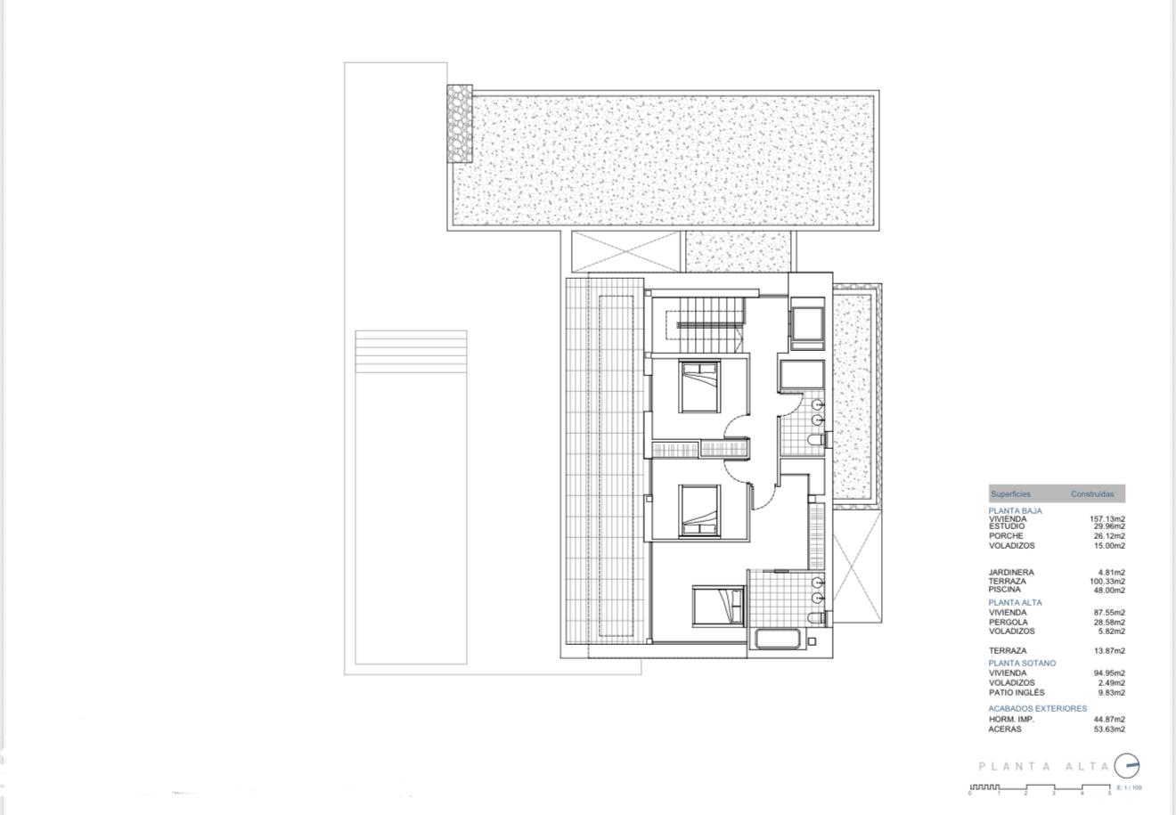 Detailed architectural floor plan of the upper level showing bedroom layouts, bathrooms, and terrace areas with a built surface area table.