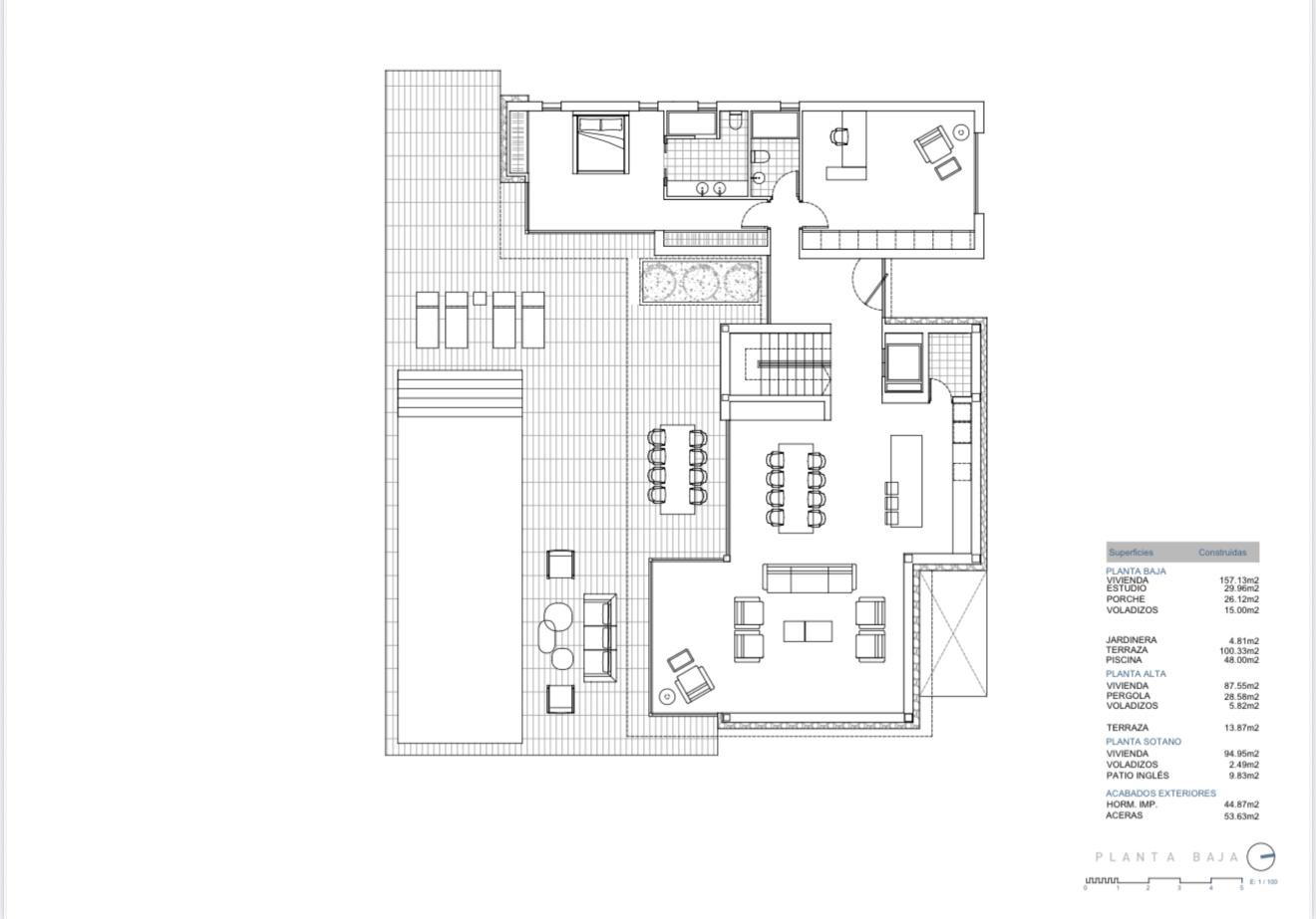 Detailed ground floor plan showing an open-plan living area, kitchen with island, en-suite bedroom, and extensive terrace with a swimming pool and outdoor dining.