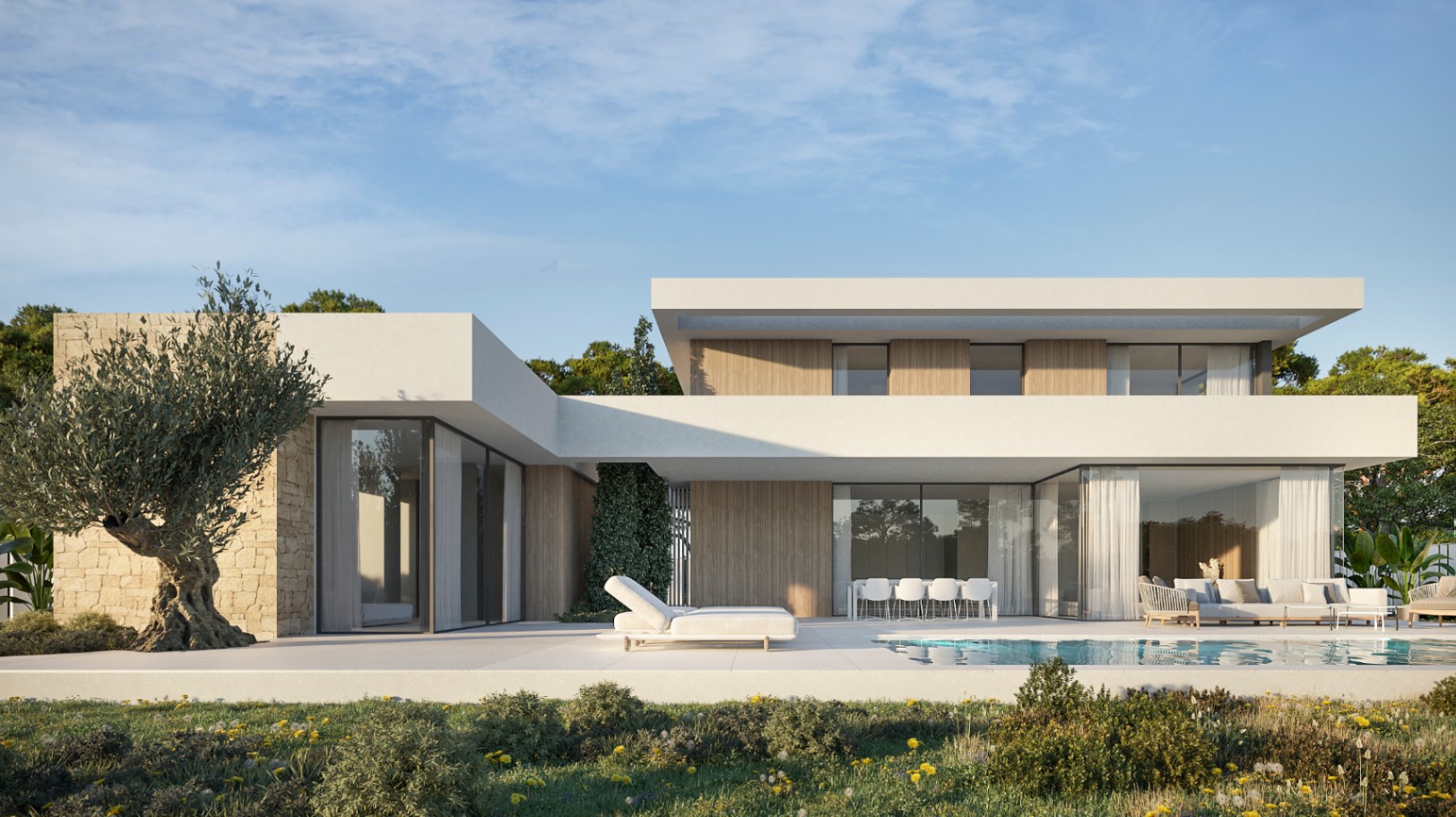 Exterior of a modern two-story villa featuring white facades, wood paneling, a natural stone wall, and a swimming pool with an integrated lounge area.