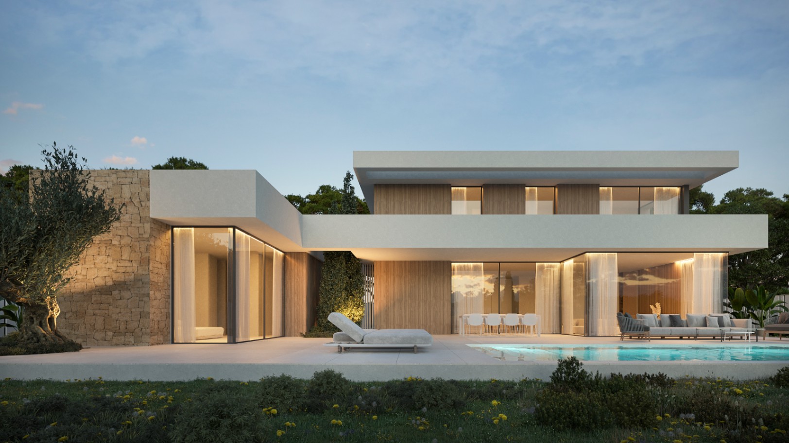 Modern L-shaped villa featuring wood and stone cladding, expansive glass walls, and an outdoor living area with a pool, dining set, and lounge seating.