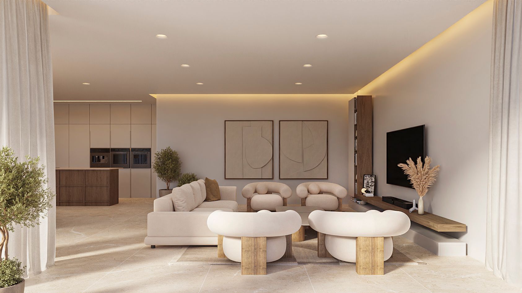 Open-plan living area featuring sculptural armchairs, a neutral sofa, and a floating wooden media console. The space integrates a minimalist kitchen with a dark wood island.