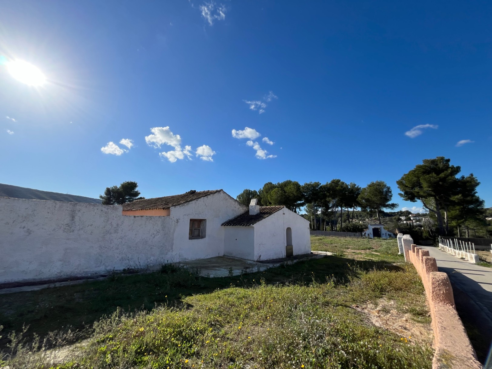 Exterior view of a traditional white-walled finca with a clay tile roof, situated on a natural plot with pine trees and clear blue skies.