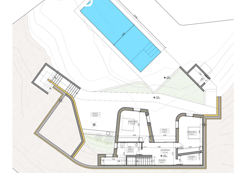 Architectural floor plan featuring a 12x4 meter rectangular pool, two bedrooms, a bathroom, and a laundry room integrated with outdoor porch areas.