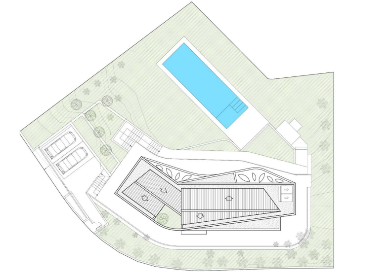 Architectural site plan showing the villa's layout, featuring a rectangular swimming pool, angular roof geometry, and integrated two-car parking area.